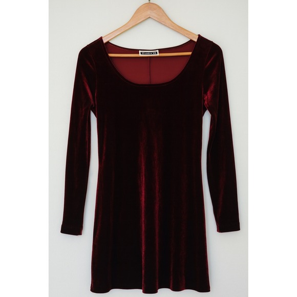 Vintage Y2K Maurices Womens Maroon Velvet Long Sleeve ScoopNeck Dress sz M/L 90s - Picture 1 of 5